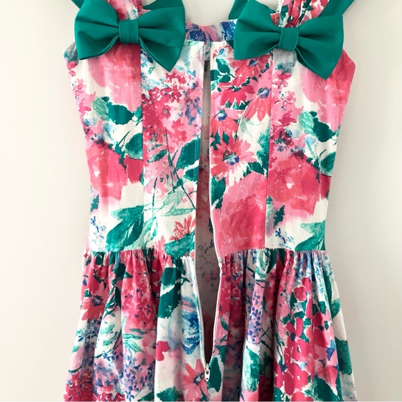 Vintage 80’s Leslie Lucks Bright Floral Print Full Skirt Dress w/ Bows - Picture 13 of 16